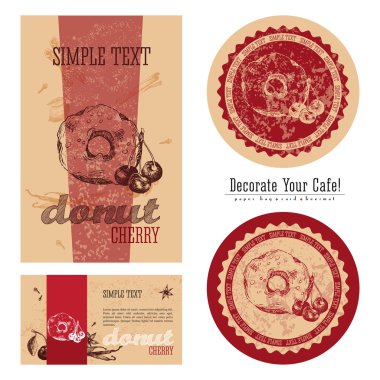 Cherry donut, eco-friendly packaging design and execution of a cafe, a paper bag, business card, sticker and beermat. Decorate your cafe. clipart