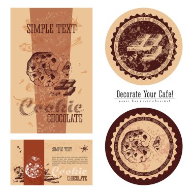 Çikolata Bisküvi ve çerez, çevre dostu ambalaj tasarımı ve bir kafe, bir kağıt torba, kartvizit, etiket ve beermat çalışması. Senin kafe süslemeleri.
