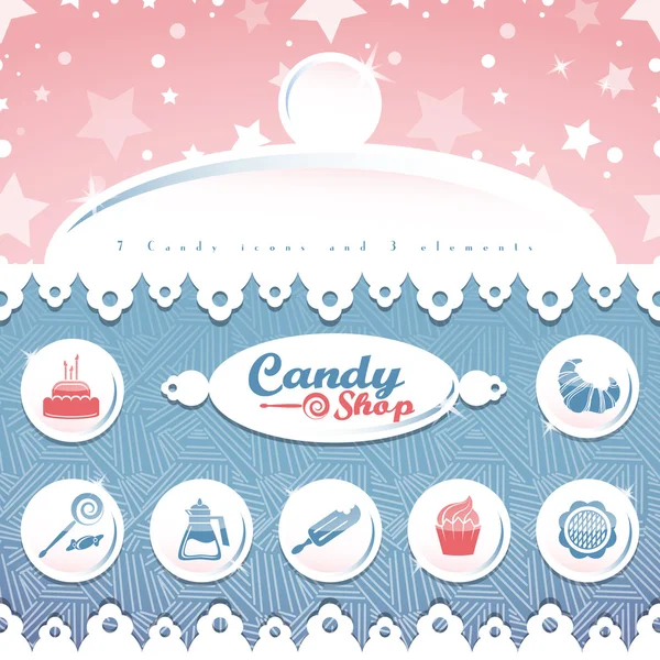 Bakery shop icons and elements vector set candy game style with background — Stock Vector