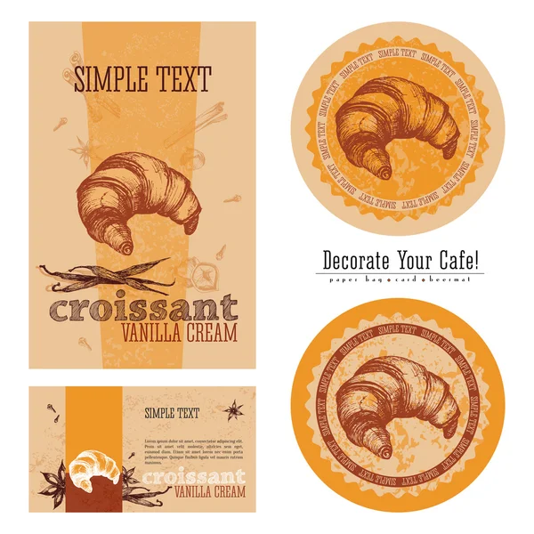 Croissant with vanilla cream, eco-friendly packaging design and execution of a cafe, a paper bag, business card, sticker and beermat. Decorate your cafe. — Stock Vector