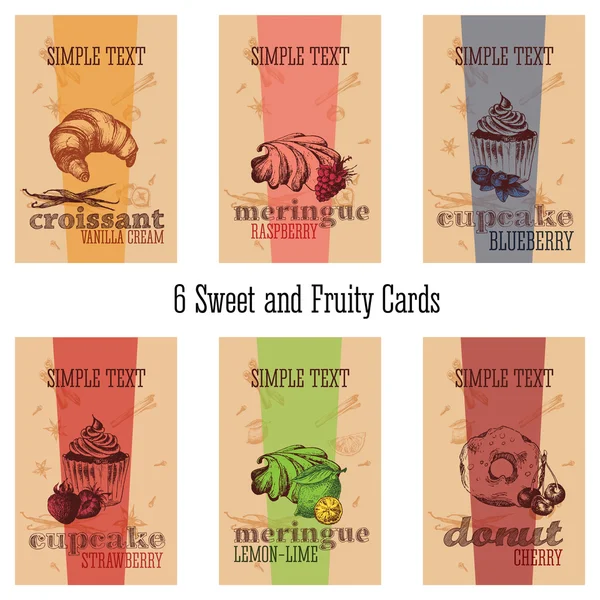 6 süße und fruchtige Karten für Bäckerei und Konditorei. Vektor-Skizze Design Gebäck: Croissant, Cupcake, Baiser, Donut mit Früchten und Beeren. — Stockvektor