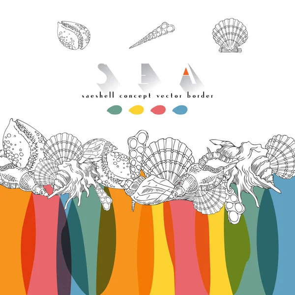 Seashells vector color tropical concept border. Seashells isolated line art illustration with different multicolor spots. — Stock Vector