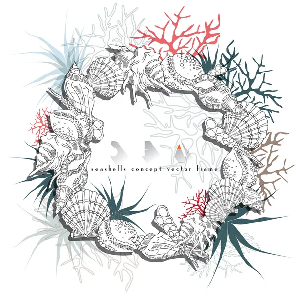 Sea Life, shell round frame concept sketch vector con algas, corales y plantas, vida submarina arrecife de coral aislado sobre fondo blanco . — Vector de stock