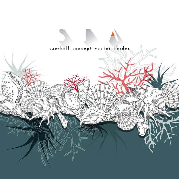 Seashells vector border turquoise concept border. Seashells ilustración de arte de línea aislada con diferentes corales, algas, vida marina y fondo . — Archivo Imágenes Vectoriales