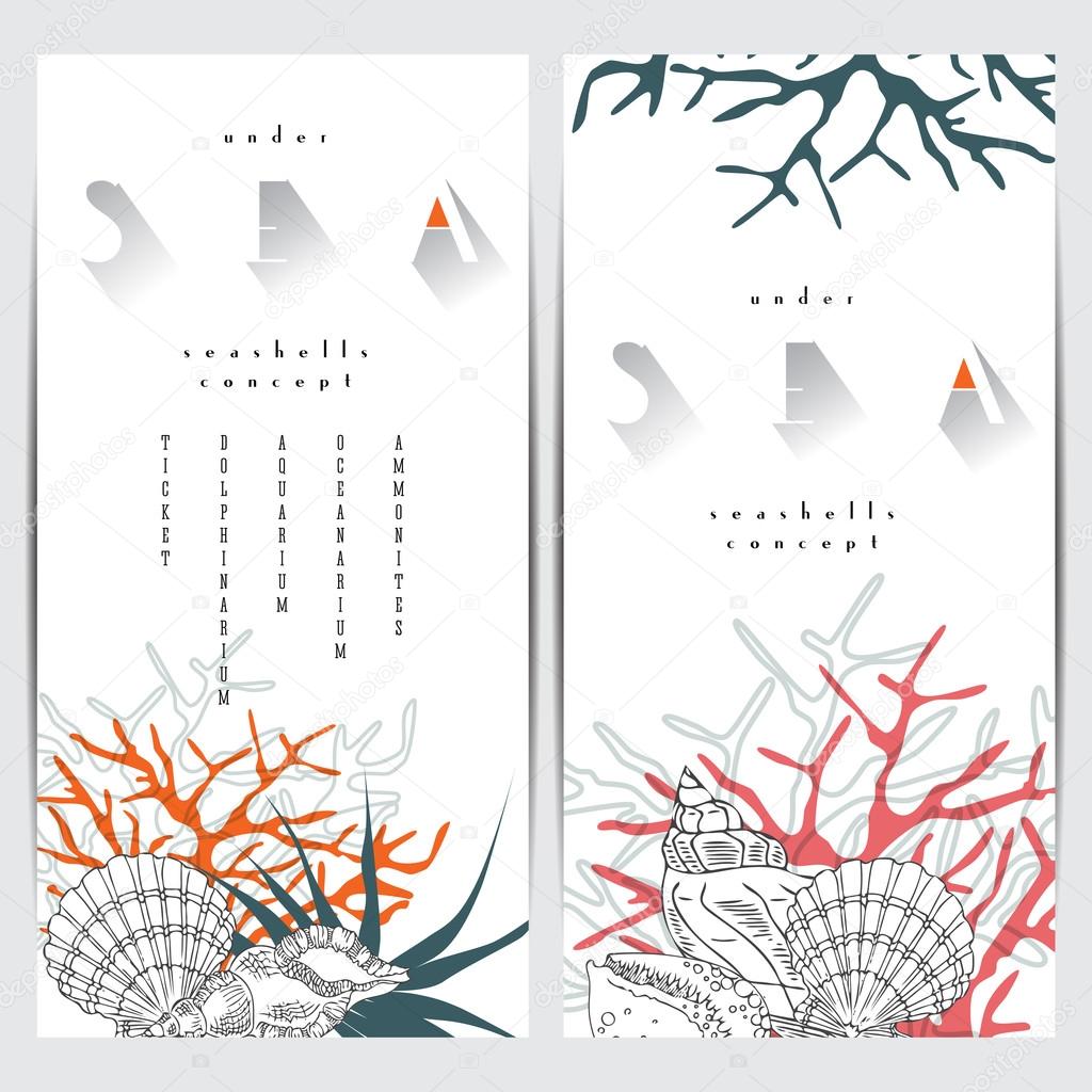 Sea life concept design, seashells vector line art composition with corals, algae and text. Coral reef graphic design card on white background with sea logo.