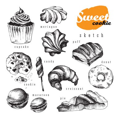 Tatlı lezzetli kroki gıda Pastane dükkanı için büyük set dizayn. Elemanları izole vektör: cupcake,