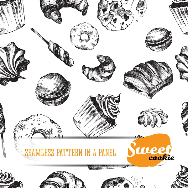 Süße köstliche Sketch Essen nahtlose Muster. Vektormusterelemente: Cupcake, Baiser, Plätzchen, Bonbons, Croissant, Makronen, Kuchen, Donut, Blätterteig. — Stockvektor