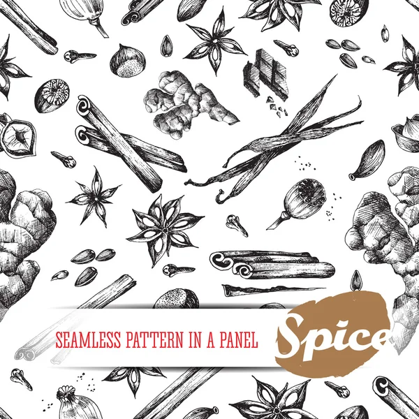 Flavour spices sketch food seamless pattern. Vector isolated elements: cinnamon, clove, cardamom, sunflower, poppy, seed, anise, vanilla, ginger, hazelnut, nutmeg. Tasty smells and aroma. — Stock Vector