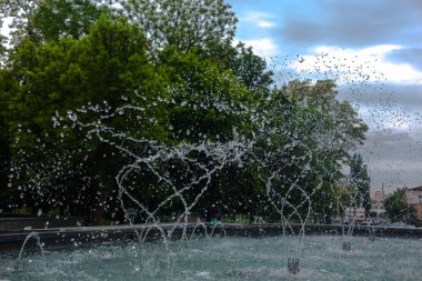 Çeşmeden şehir parkının arka planına kadar su sıçramış.