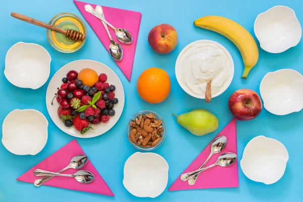 Yoghurt en een verscheidenheid van ingrediënten voor het. — Stockfoto