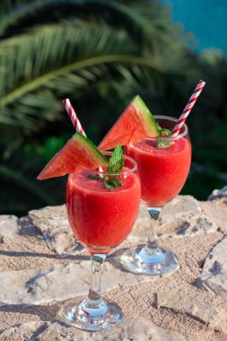 Denizin kenarında karpuz güler yüzlü yaz tatil günleri.