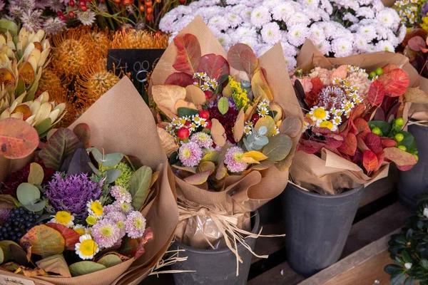 Variety Autumn Seasonal Beautiful Bouquets Flowers Greek Flower Shop October — Stock fotografie
