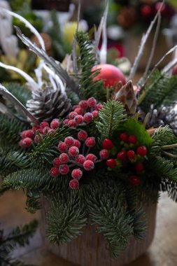 Doğal kozalaklardan, kırmızı böğürtlenlerden, şenlikli iç dekorasyon için ladin..