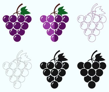 Üzüm ve Karışık Meyve Simgesi Minimalist Düz, Siluet ve Çizgi Sanat Vektörleri