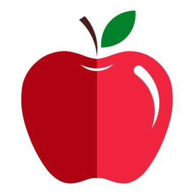 Yeşil yapraklı, stilize kırmızı elma ve temiz beyaz üzerine ince bir gölge.