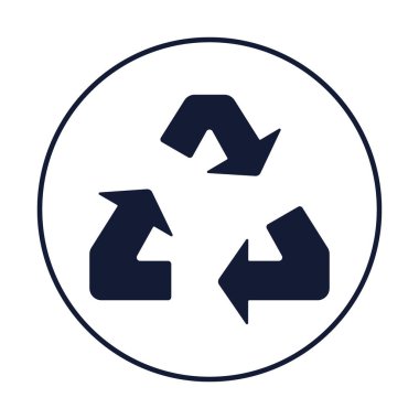 Dairesel çerçeve içindeki simge geri dönüşümü simgesi, sürdürülebilirliği temsil eden koyu mavi katı vektör çizimi,