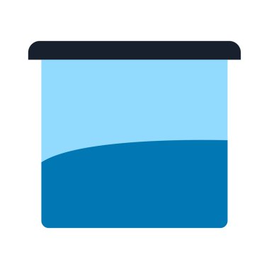 Tıbbi ve kimyasal depolama için koyu kapaklı ve mavi sıvılı laboratuvar kabı veya beher ikonu