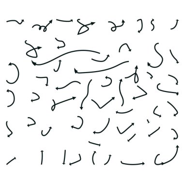 Yaratıcı tasarım projeleri ve beyaz arkaplanda izole edilmiş iş bilgisi için çeşitli şekillerde ve yönlerde el çizimi kara okları.