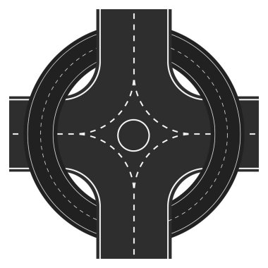 Trafiğin akışını ve ulaşımı temsil eden kesik şerit işaretleriyle modern kavşağın yukarıdan aşağı görüntüsü.