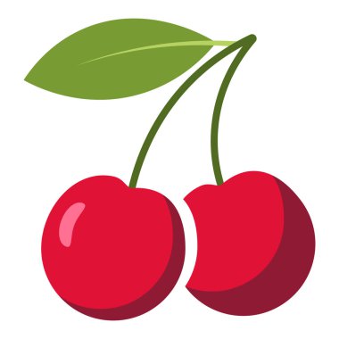 Yeşil yapraklı bir sapta iki olgun kırmızı kiraz, düz çizim tarzı.