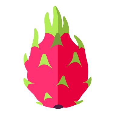 Yeşil pullu canlı pembe ejderha meyvesi, basit düz bir illüstrasyon tarzıyla resmedilmiş.