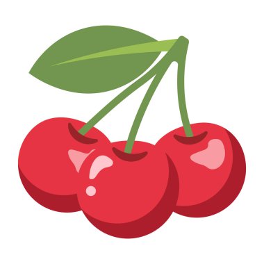 Yeşil yapraklı ve saplı üç olgun kırmızı kiraz, taze meyve çizimi, basit düz tasarım.