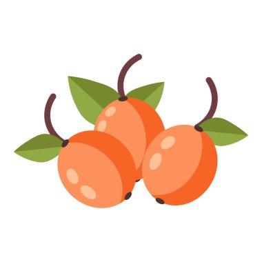 Yeşil yapraklı üç portakal, basit düz çizim, beyaz üzerine izole edilmiş..