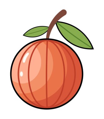 Sulu bir portakal meyvesinin şekillendirilmiş hali ve iki yeşil yaprak, beyaz üzerine izole edilmiş..