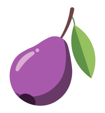 Yeşil yapraklı ve saplı stilize mor erik, temiz beyaz bir arkaplanda izole edilmiş..