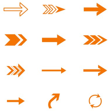 Web ve arayüz tasarım elementleri için 12 turuncu ok simgesinden oluşan bir koleksiyon