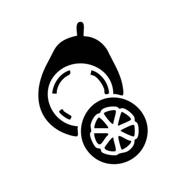 Tohumlu ve dilimlenmiş tropikal meyve grafikli siyah beyaz guava simgesi