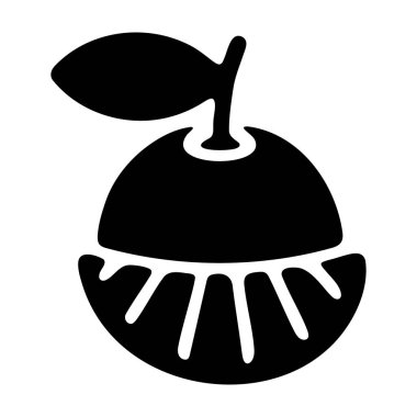 Beyaz arkaplanda yapraklı bir taç olan yuvarlak bir meyvenin siyah silüeti, simge