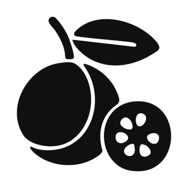 Fayjoa meyvesinin stilize edilmiş siyah silüeti, bir yaprak ve kesitli kesit, vektör simgesi.