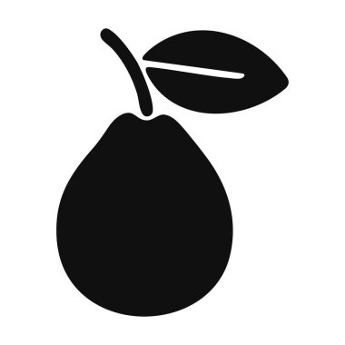 Olgun bir armutun siyah silueti, sapı ve yaprağı beyazın üzerinde izole.