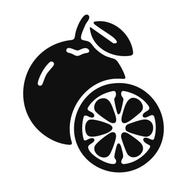 Bir yaprak ve dilimlenmiş bir portakalın siyah silüeti, grafik meyve simgesi