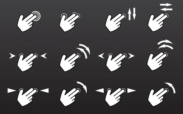Touch gestures icons set with hands tap rotate press swipe — Stock Vector