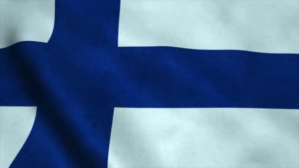 На ветру развевается флаг Финляндии Ultra-HD. Бесшовная петля с высокой детализацией текстуры ткани — стоковое видео