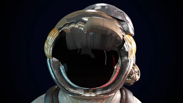 带着变形头盔的宇航员穿着金属防护宇航服。计算机生成的空间背景，3D渲染 — 图库照片