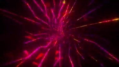 Dijital ışık tünelinin hızı, bilgisayar üretimi. Soyut ve hızlı hareket eden neon çizgilerin parlayan ışıklarla 3 boyutlu yansıması. Soyut arkaplan