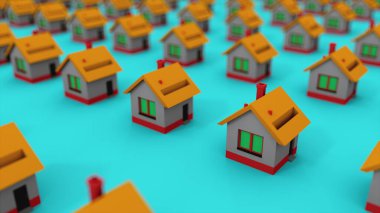 Bir sürü renkli ev var. Bilgisayar, ev kiraları ve ev alıcıları için emlak piyasası yarattı. 3d eşölçümleme arkaplanı