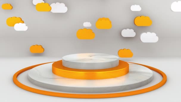 Υπολογιστή δημιουργήθηκε βάθρο με πολλά πολύχρωμα σύννεφα για την επίτευξη, δόξα ή κόμμα. 3d απόδοση του φόντου στούντιο — Αρχείο Βίντεο