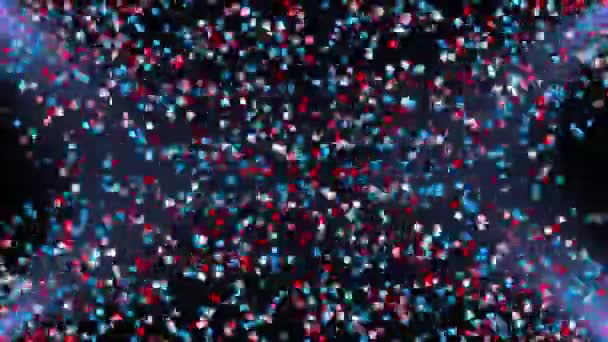 Flying gekleurde deeltjes in de stralen van het licht, computer gegenereerd. 3d weergave van feestelijke achtergrond — Stockvideo