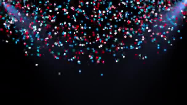 Fliegende farbige Teilchen in den Lichtstrahlen, computergeneriert. 3D-Darstellung des festlichen Hintergrunds — Stockvideo