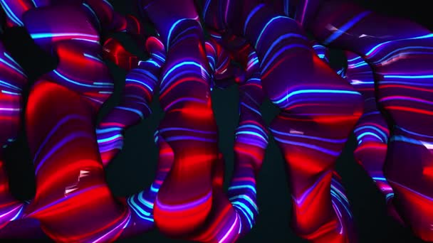 Volume amorfe vormen met neon strips, computer gegenereerd. 3d weergave van surrealistische achtergrond — Stockvideo