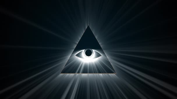 Vrijmetselaars symboliek die oog zien, computer gegenereerd. 3d weergave van stralende delta op donkere achtergrond — Stockvideo