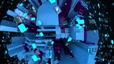 3D görüntüleme teknolojisi geçmişi. Çok sayıda parçacık ile çevrili geometrik yapılar ile karmaşık soyut küre, bilgisayar tarafından oluşturulan