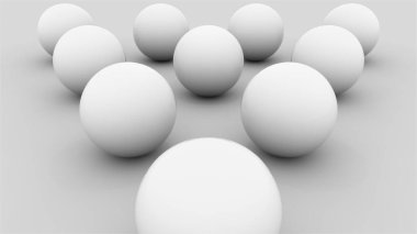 Computer generated composition of ten white balls lined with a triangle on a flat surface. 3d rendering isometric background