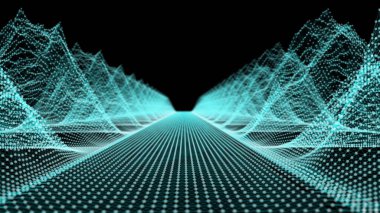 Straight way and wireframe mountains, 3d rendering. Computer generated digital landscape. Futuristic background