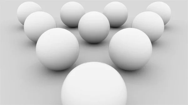 Computer generated composition of ten white balls lined with a triangle on a flat surface. 3d rendering isometric background — Stock Fotó