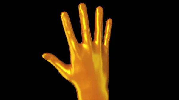 3d rendering of demonstration of the golden palm of Midas on dark background. Streamlined brush shape turn around on the screen, computer generated — Stok fotoğraf
